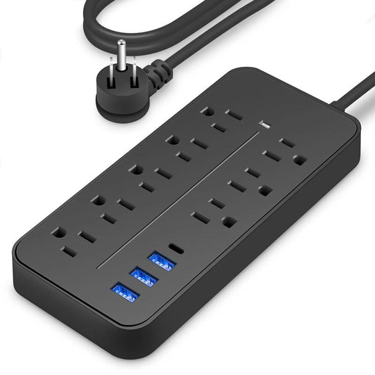 1Pc Black Power Strip, Surge Protector with 8 AC Outlets & 3 USB & 1 Type-C Ports, Angled Flat Plug, 4Ft Extension Cable, for Home, Office, Kitchen, Garage, Dorm Essentials