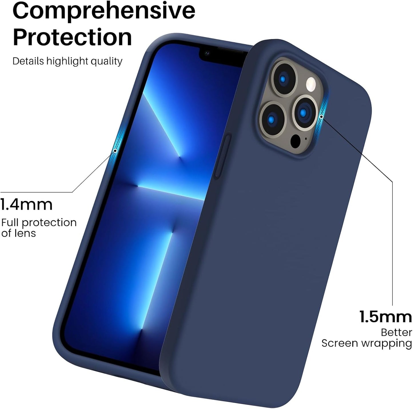 Shockproof Liquid Silicone Designed for Iphone 13 Pro Case Gel Rubber Comprehensive Protection Anti-Shock Cover Case Drop Protection 6.1Inch-Navy Blue