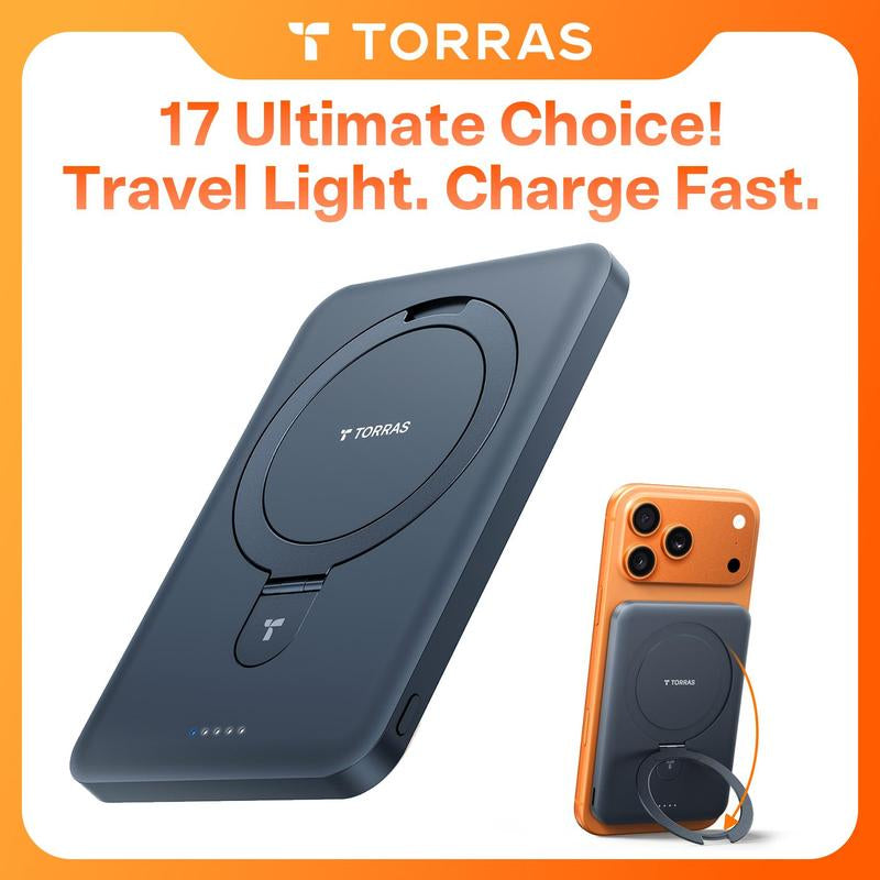 TORRAS Easygo Magnetic Power Bank 5000Mah & 10000Mah | Slim Magsafe Wireless Portable Charger with Foldable Stand, 22.5W Fast Charging Battery Pack for Iphone 17, 16, 15, 14, 13, 12 | Compact Travel Essential Backup Power Bank for Iphone Pro, Pro Max, Air