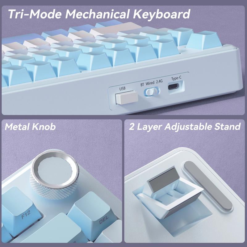 SOLAKAKA A75 Wireless 75% Mechanical Keyboard Features Hot-Swappable Keys, RGB Lighting, a Multi-Function Knob, Sealed Keys, PBT Keycaps, and a Creamykeyboard Design. It Is Suitable for Pc/Mac.