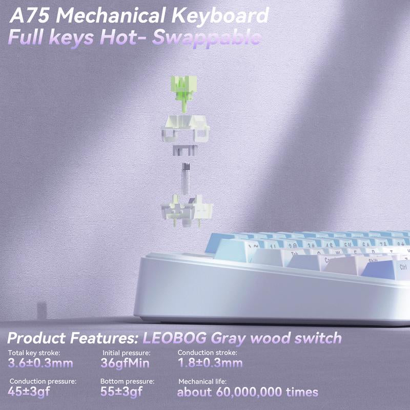 SOLAKAKA A75 Wireless 75% Mechanical Keyboard Features Hot-Swappable Keys, RGB Lighting, a Multi-Function Knob, Sealed Keys, PBT Keycaps, and a Creamykeyboard Design. It Is Suitable for Pc/Mac.