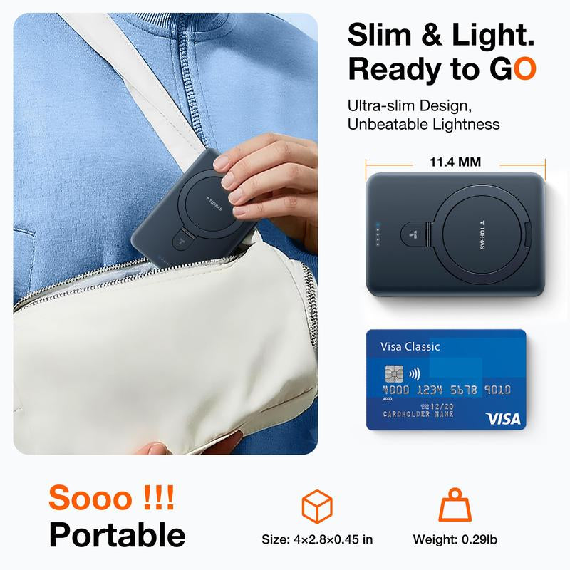 TORRAS Easygo Magnetic Power Bank 5000Mah & 10000Mah | Slim Magsafe Wireless Portable Charger with Foldable Stand, 22.5W Fast Charging Battery Pack for Iphone 17, 16, 15, 14, 13, 12 | Compact Travel Essential Backup Power Bank for Iphone Pro, Pro Max, Air