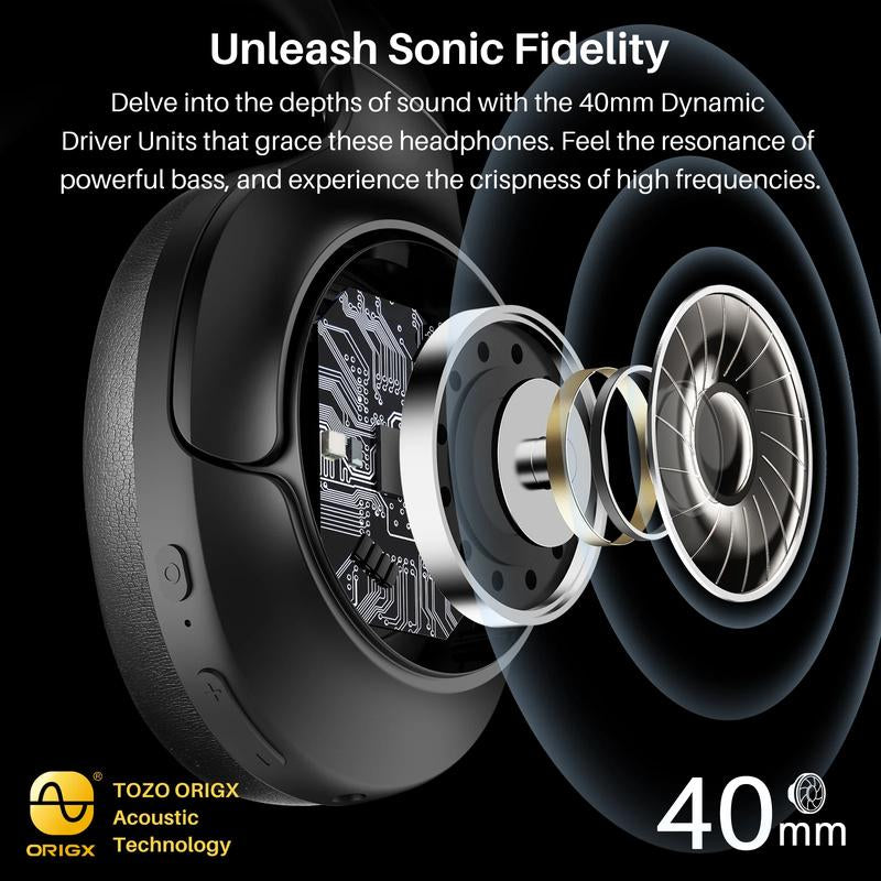 TOZO HT2 Hybrid Active Noise Cancelling Headphones, Wireless over Ear Bluetooth Headphones