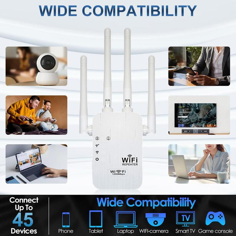 Wifi Extender 2025, 1200Mbps Dual Band (5Ghz/2.4Ghz) Wifi Booster, Covers 10,000 Sq. Ft & 50 Devices, Repeater/Ap/Router with Ethernet Port, Ideal for Home & Office Gaming Wifi