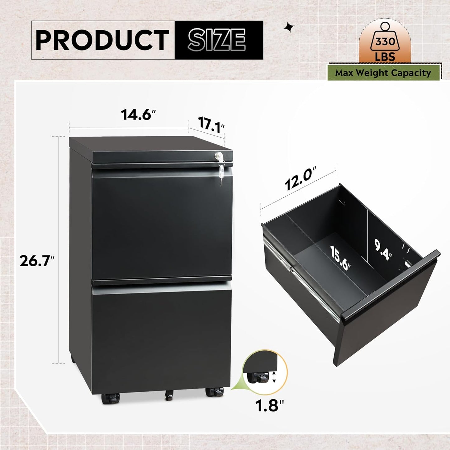 2 Drawer Metal File Cabinet, Fully Assembled, under Desk, Black, Lock, Fits Letter/Legal/A4 Size Files