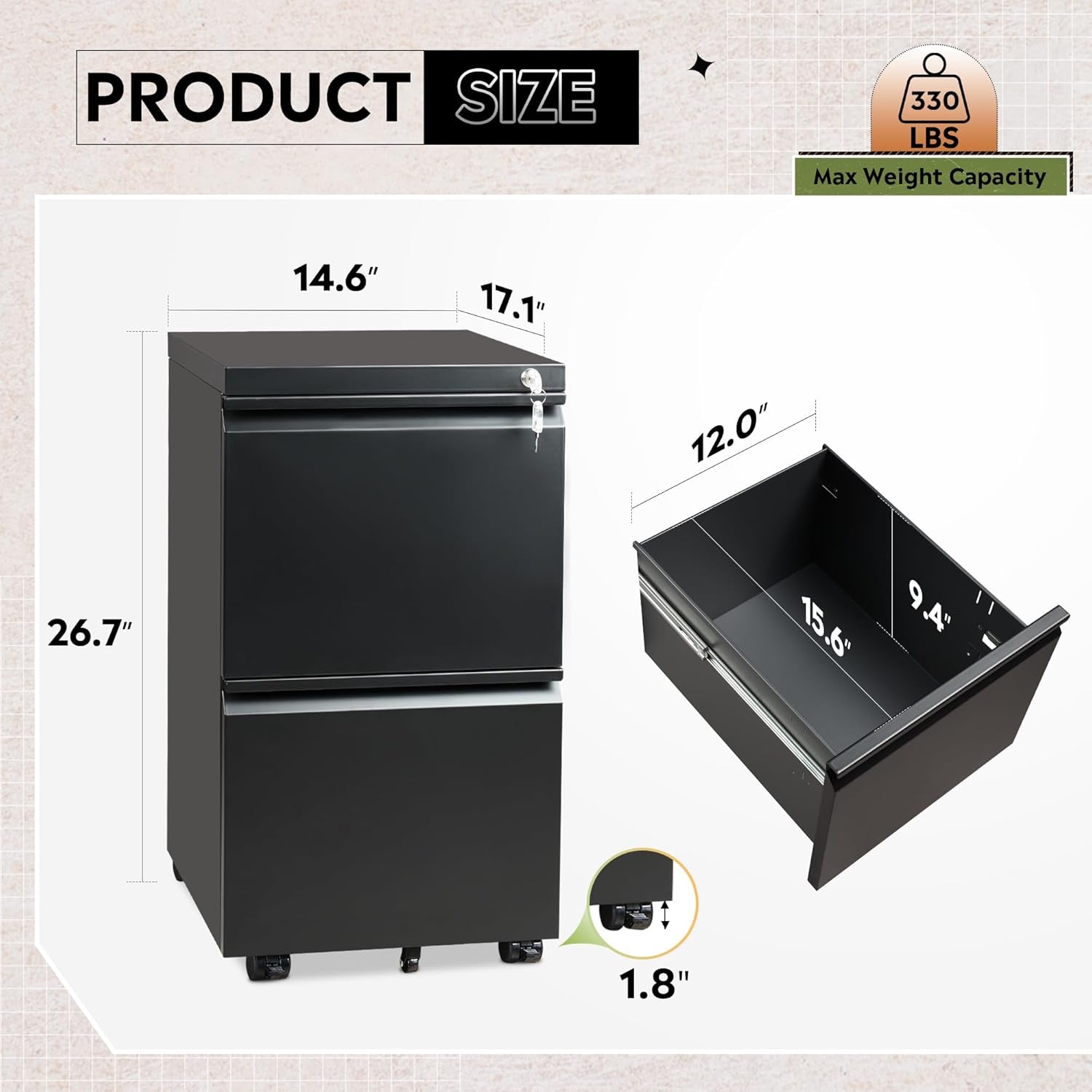 2 Drawer Metal File Cabinet, Fully Assembled, under Desk, Black, Lock, Fits Letter/Legal/A4 Size Files