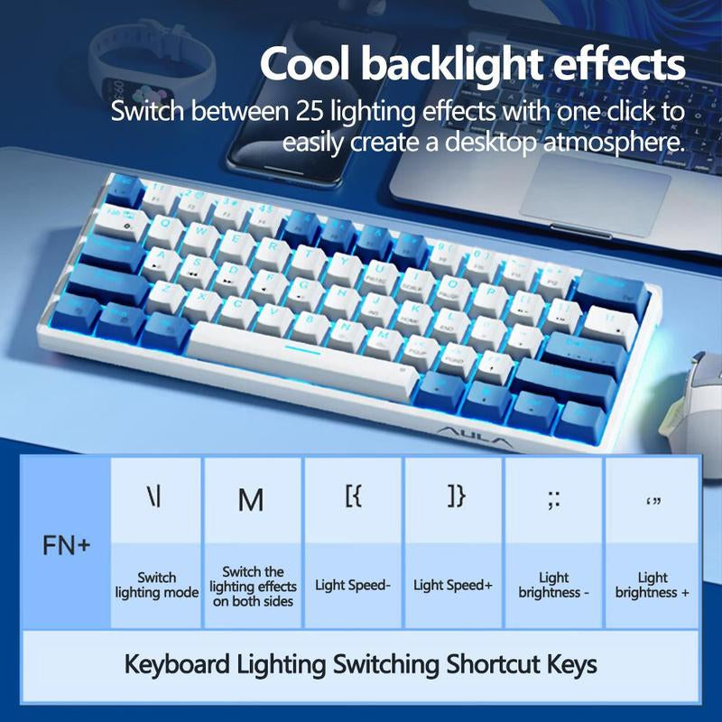 AULA F3361 Wired Keyboard, 61-Key Layout, Plug and Play, Cool Lighting Effect, Real Mechanical Shaft, Compatible with Desktop Computers and Notebook Devices, Suitable for Daily Office or Playing E-Sports Games, Durable Keyboard