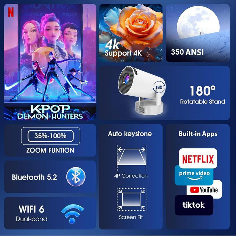 Portable Projector with Wifi and Bluetooth, Speaker and Auto Keystone Correction Video Projector, 350ANSI Outdoor Movie Projector, 50% Zoom, MAX200 Inch Display (White) Voplls