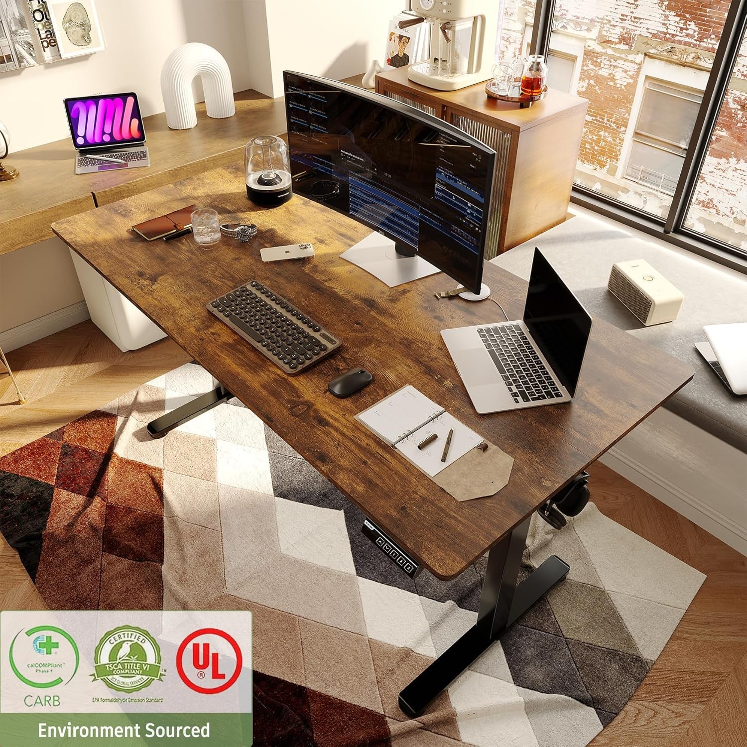 55" Electric Standing Desk,Height Adjustable Home Office Sit Stand up Computer PC Table,Tall Standup Workstation, Gaming, Writing, Study,Bedroom Rising Desks with Two-Piece Desktop,Brown