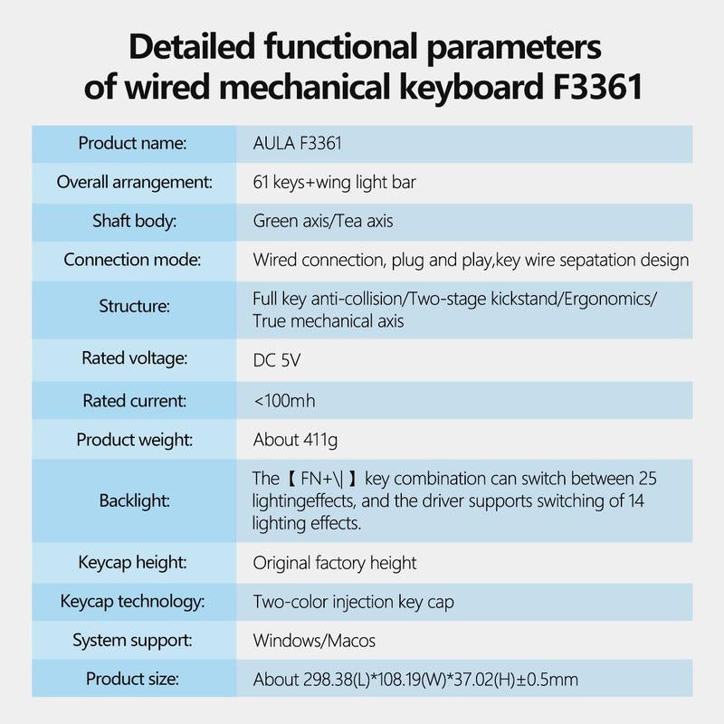 AULA F3361 Wired Keyboard, 61-Key Layout, Plug and Play, Cool Lighting Effect, Real Mechanical Shaft, Compatible with Desktop Computers and Notebook Devices, Suitable for Daily Office or Playing E-Sports Games, Durable Keyboard