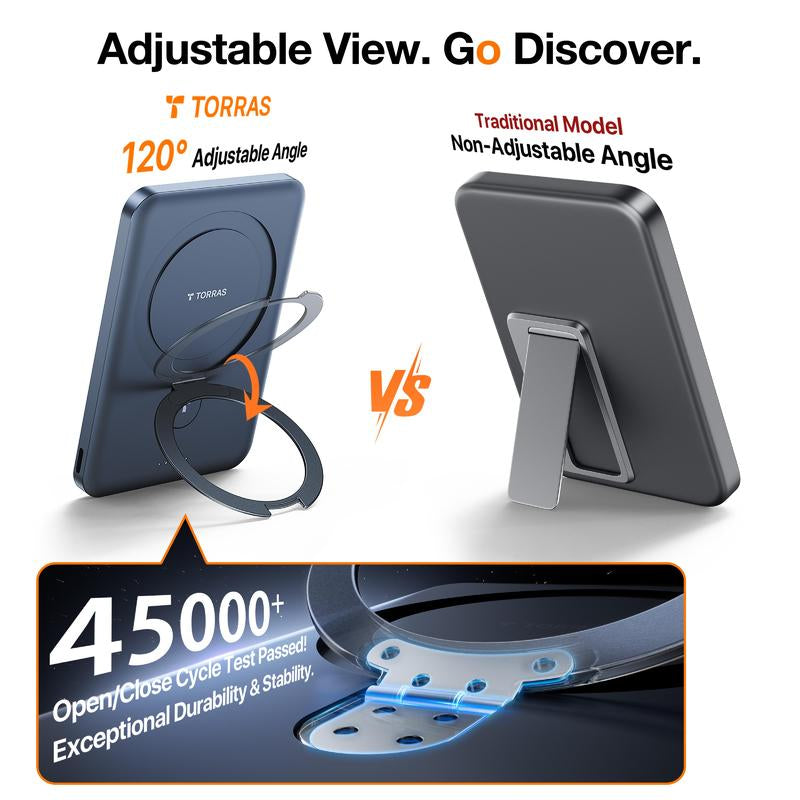 TORRAS Easygo Magnetic Power Bank 5000Mah & 10000Mah | Slim Magsafe Wireless Portable Charger with Foldable Stand, 22.5W Fast Charging Battery Pack for Iphone 17, 16, 15, 14, 13, 12 | Compact Travel Essential Backup Power Bank for Iphone Pro, Pro Max, Air