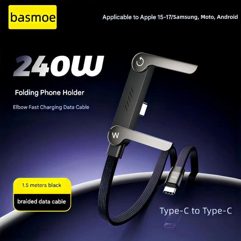 Basemo 240W Super Fast Charging 2-in-1 Invisible Charger Cable and Phone Stand for Gaming, Office, and Travel - Compatible with iPhone, Samsung, and Type-C Devices - Black