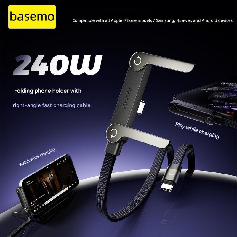 Basemo 240W Super Fast Charging 2-in-1 Invisible Charger Cable and Phone Stand for Gaming, Office, and Travel - Compatible with iPhone, Samsung, and Type-C Devices - Black