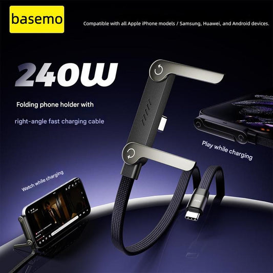 Basemo 240W Super Fast Charging 2-in-1 Invisible Charger Cable and Phone Stand for Gaming, Office, and Travel - Compatible with iPhone, Samsung, and Type-C Devices - Black