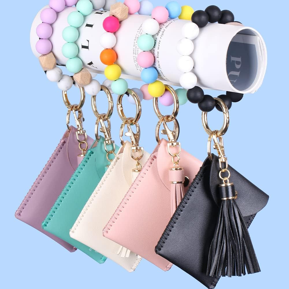Keychain Bracelet Wristlet, Silicone Beaded Key Ring Bracelet with Card Wallet, Elastic Keyring Bangle for Womens