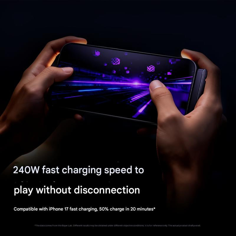 Basemo 240W Super Fast Charging 2-in-1 Invisible Charger Cable and Phone Stand for Gaming, Office, and Travel - Compatible with iPhone, Samsung, and Type-C Devices - Black