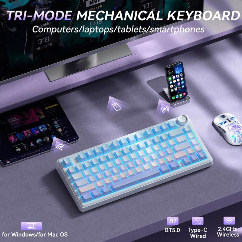 SOLAKAKA A75 Wireless 75% Mechanical Keyboard Features Hot-Swappable Keys, RGB Lighting, a Multi-Function Knob, Sealed Keys, PBT Keycaps, and a Creamykeyboard Design. It Is Suitable for Pc/Mac.