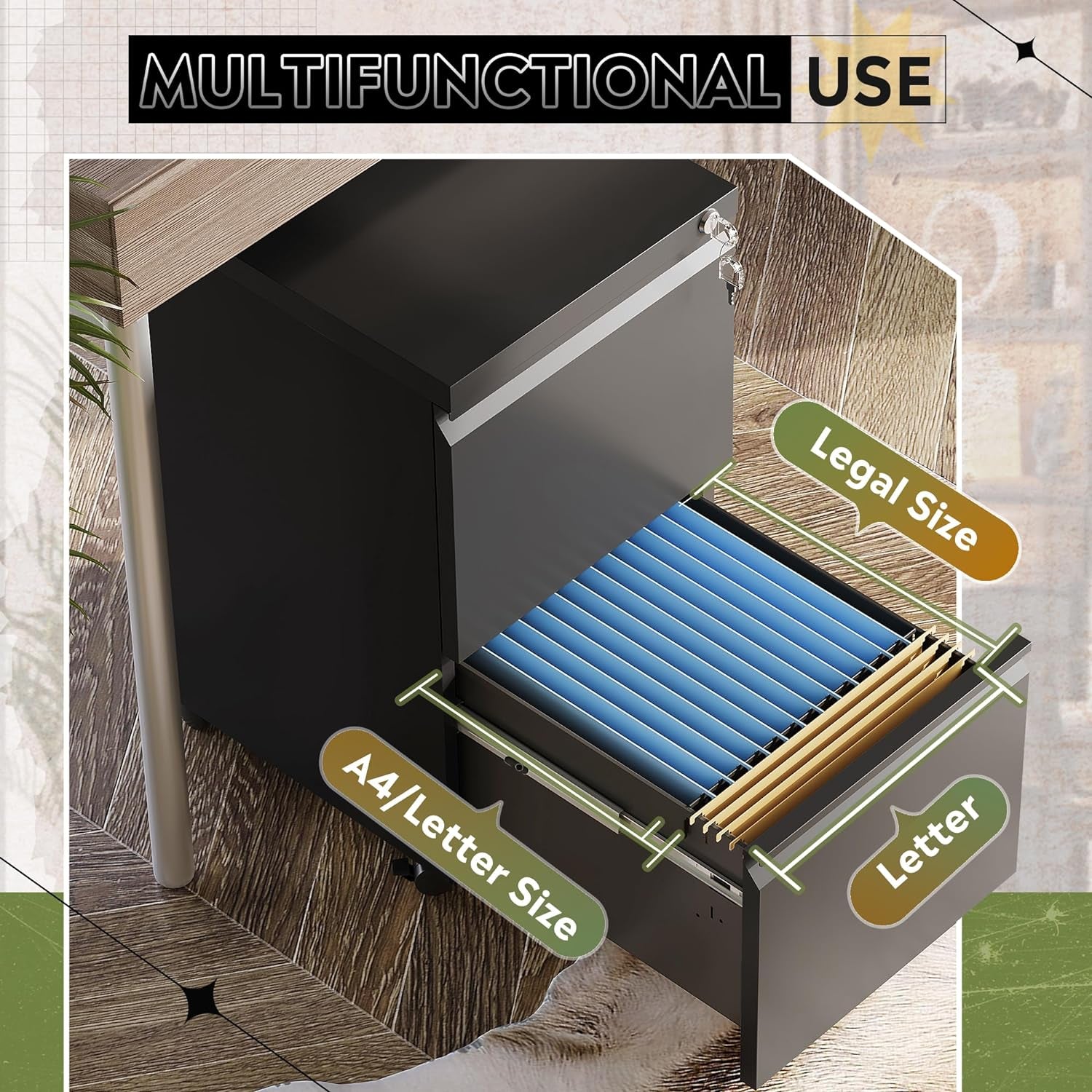 2 Drawer Metal File Cabinet, Fully Assembled, under Desk, Black, Lock, Fits Letter/Legal/A4 Size Files